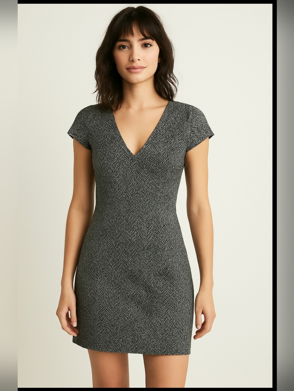 Black and Grey Herringbone V-Neck Mini  Dress Cap Sleeve Stretch Career Capsule